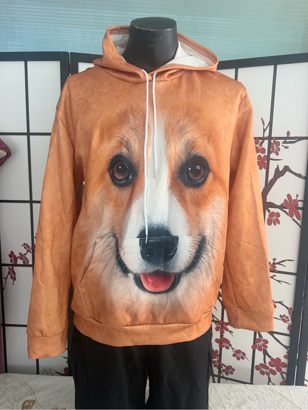 Men's Orange Corgi Face Hoodie - Playful Pullover Sweatshirt